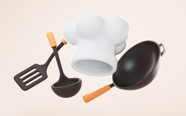 Cartoon style chef hat and kitchen ware, 3d rendering.