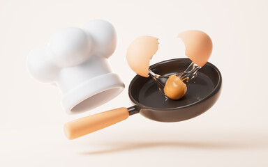 Cartoon style chef hat and cooking the egg, 3d rendering.