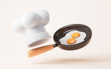 Cartoon style chef hat and cooking the egg, 3d rendering.