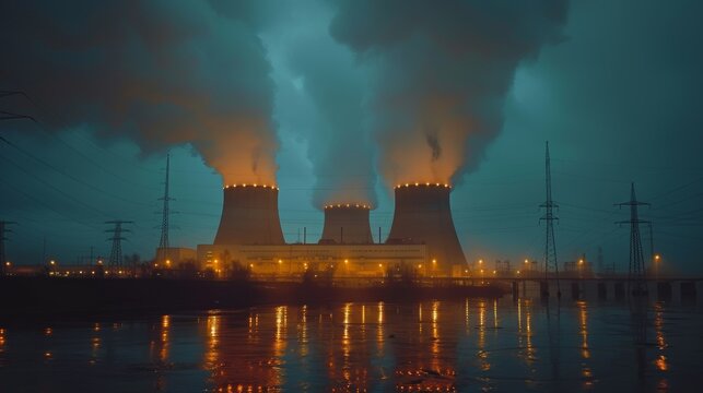 Night view of a nuclear power plant with glowing chimneys and cooling towers, industrial landscape, raw texture, striking and detailed