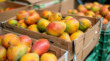 Crates of vibrant, fresh mangoes at a market, showcasing their colorful and ripe appearance.