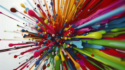 Dynamic and vibrant colorful paint in mid-explosion, with droplets and splashes blasting towards camera