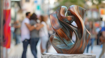 Modernist design sculpture Energy of New Beginnings, unveiled with people hugging in the background, raw style, detailed and vibrant