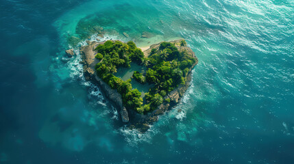 Stunning aerial view of a heart-shaped island surrounded by turquoise ocean waters, with lush greenery and sandy shores.