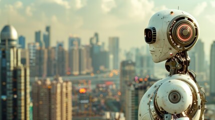 Naklejka premium A futuristic robot gazes over a sprawling cityscape, symbolizing advanced technology and artificial intelligence in an urban environment.