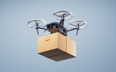 Realistic drone carrying the box, 3d rendering.