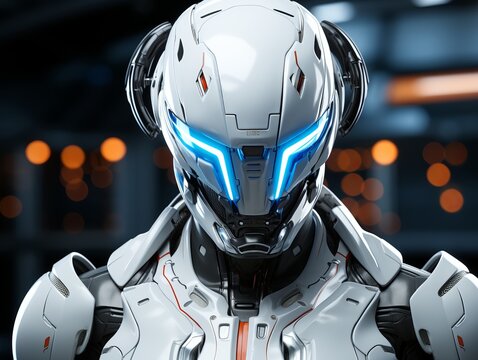 Futuristic Robot with Blue LED Lights and Sleek White Armor in High-Tech Setting