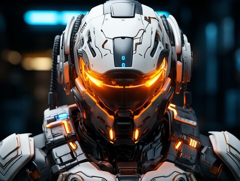 High-Tech Robotic Soldier with orange Lights and Detailed Exoskeleton