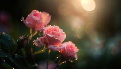 Obraz premium Delicate pink roses covered in dew drops, basking in the soft glow of morning sunlight, in a tranquil garden setting.