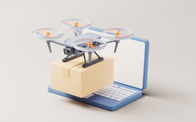Realistic drone carrying the box, 3d rendering.