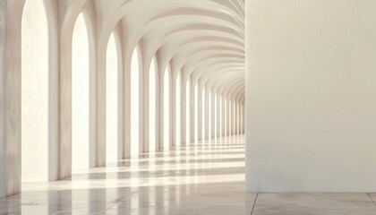 Elegant corridor with arched architecture and sunlight streaming through, casting beautiful shadows on a polished marble floor.