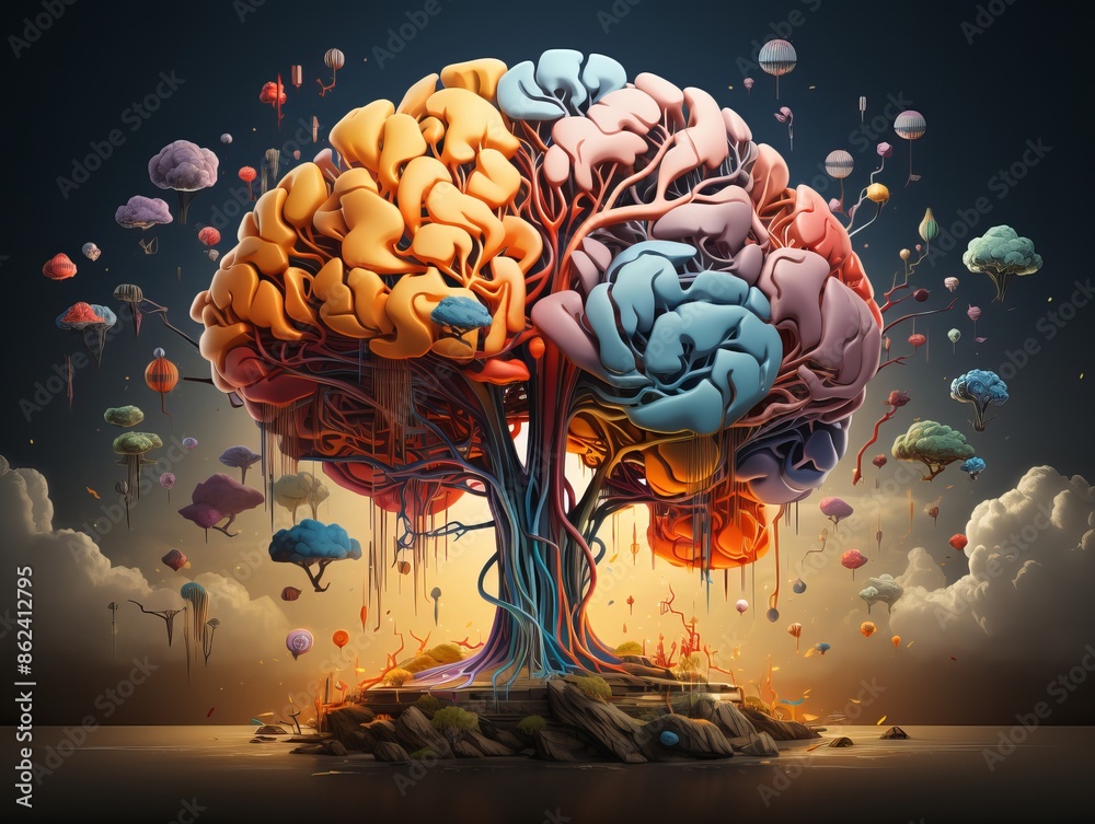 Wall mural Surreal Brain Tree with Colorful Branches and Floating Elements in Dreamlike Landscape