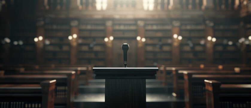 Empty podium in a grand library with rows of bookshelves, illuminated by warm ambient lighting, representing knowledge and speech.
