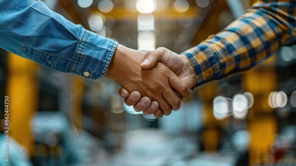 Poster Two Men Shaking Hands in a Factory Setting