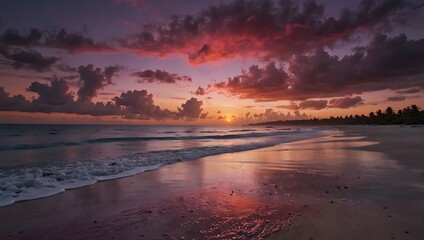 The surreal colors of a tropical beach at sunset, where the sky melts into shades of pink and purple ai_generated