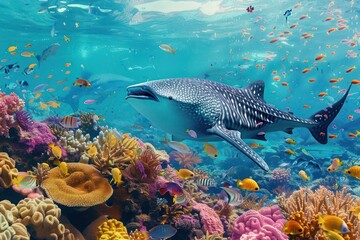 Fototapeta premium A stunning underwater view of a whale shark swimming peacefully alongside a vibrant coral reef, surrounded by a myriad of tropical fish and other marine creatures.