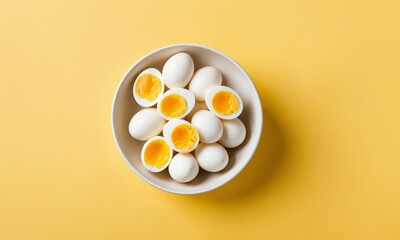 Boiled eggs in a white bowl on a yellow background