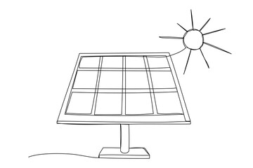 Solar panel and sun one line illustration isolated on white. Doodle outline continuous icon. Sustainable power