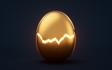 Cracked golden egg, 3d rendering.
