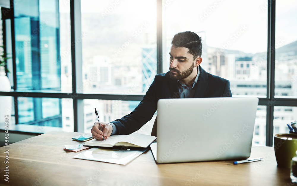 Poster laptop, notebook and business man writing for financial analysis, company review and data analytics.