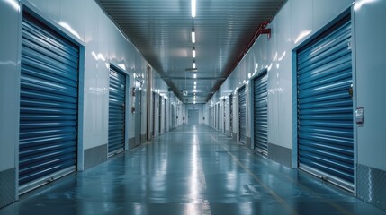 A clean, well-lit corridor of climate-controlled storage units with blue doors, showcasing modern storage facility features.