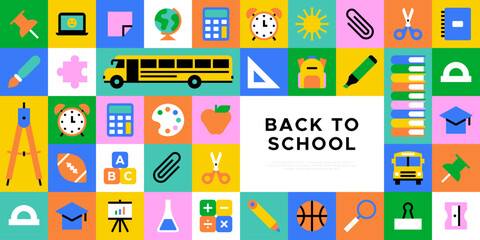 Colorful back to school geometric mosaic web banner. Modern flat education cartoon icon background, fun study concept illustration. Children stationery template, college subject symbol design.