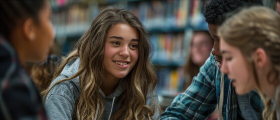 A group of teenagers engaged in a friendly study group session at the library, fostering learning and social interaction.
