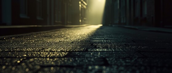 Moody alleyway with wet cobblestones illuminated by a single light source, creating a mysterious and atmospheric night scene.