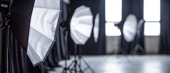 Professional photography studio setup with softbox lights and backdrops, ready for a photoshoot session. Perfect for commercial use.