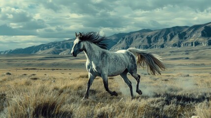 A brown horse is running through a field of tall grass. Generate AI image