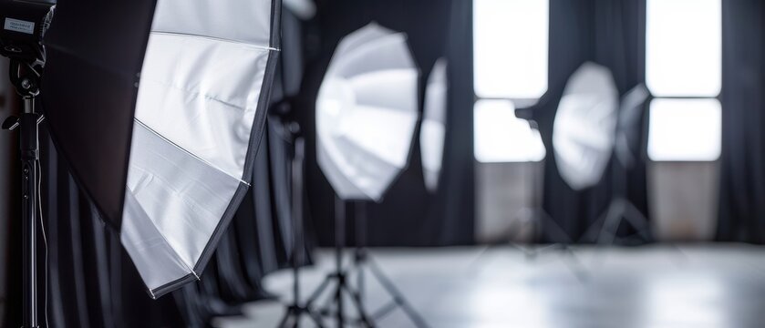 Professional photography studio setup with softbox lights and backdrops, ready for a photoshoot session. Perfect for commercial use.
