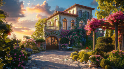 Fototapeta premium A villa surrounded by a breathtaking garden, featuring a garage that complements the evolving design in each prompt.