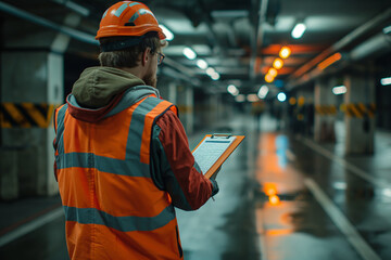 Safety Inspector with Clipboard Conducting Inspection in Underground Parking Garage