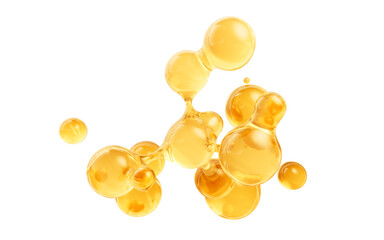 Molecule and golden liquid bubble, 3d rendering.
