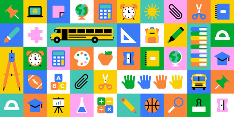 Colorful back to school geometric mosaic seamless pattern. Modern flat education cartoon icon background, fun study concept wallpaper print. Children stationery texture, art supplies symbol design.