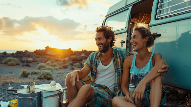 Junges Paar mit Wohnmobil im Camping Urlaub bei Sonnenuntergang