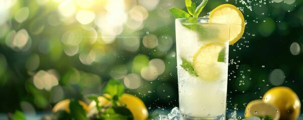 Refreshing lemonade with fresh lemon slices and mint leaves, perfect summer drink. Sunlight bokeh in the background. Cold beverage outdoors.
