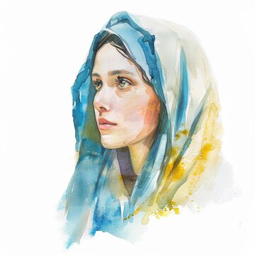 recommend clip art: Portrait of Virgin Mary watercolor clipart illustration on white background