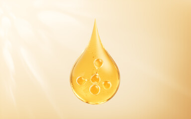 Fototapeta premium Golden liquid water drop and molecule, 3d rendering.