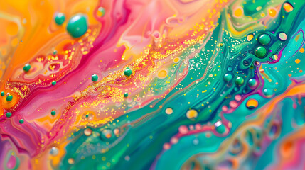 Fototapeta premium Bright abstract dance. Sequined paint. Fluid art. Mixed vivid green orange pink blue oil droplets twirling on water surface with shimmer