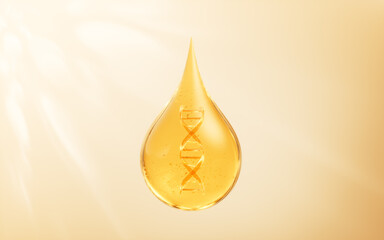 Golden liquid water drop and molecule, 3d rendering.