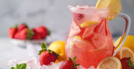 Refreshing strawberry lemonade in a pitcher with fresh strawberries, lemons, and ice, perfect for a...