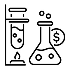 Test tubes with money denoting research funding, outline icon 