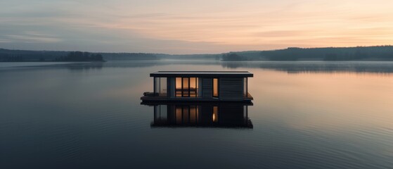 Serene floating house on a calm lake during a tranquil sunset, reflecting the soft light and peaceful surroundings.