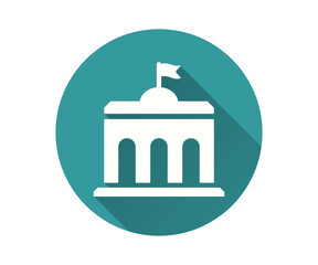 Flat icon of a government building with a flag on the dome. Simple illustration with long shadow.