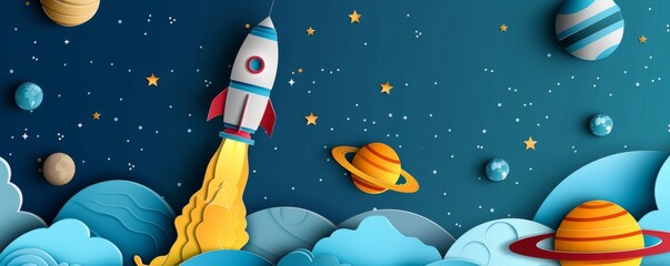 Colorful rocket launching into space with planets and stars in background