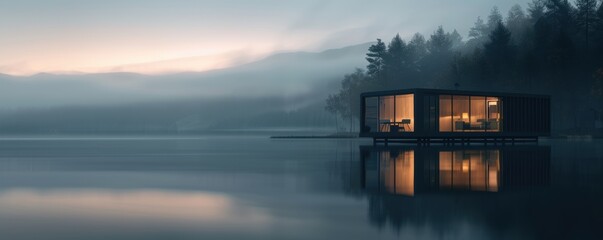 Fototapeta premium Serene modern lakeside cabin with glowing lights reflecting in the water, surrounded by misty forest and calm atmosphere at dusk.