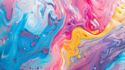 Bright abstract flow. Sequined ink. Fluid art. Mixed vivid blue pink yellow red oil droplets rotating on water surface with shimmer