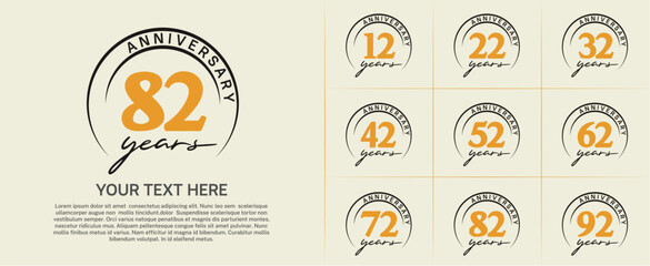 anniversary logotype set vector, orange color with black circle for special day celebration