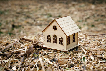 A beautiful small wooden toy house against the backdrop of a cleared forest.